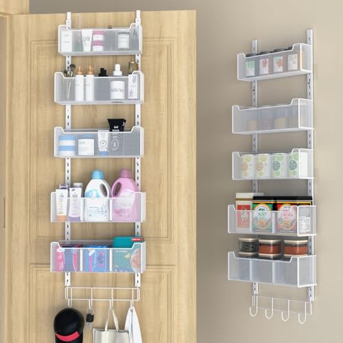 VyGrow Over The Door Organizer, Metal Door Organizer Hanging with 5 Adjustable Baskets and Coat Hook, Behind The Door Storage for Bedroom Closet Bathroom Pantry Cabinet Kitchen, White - Image 1