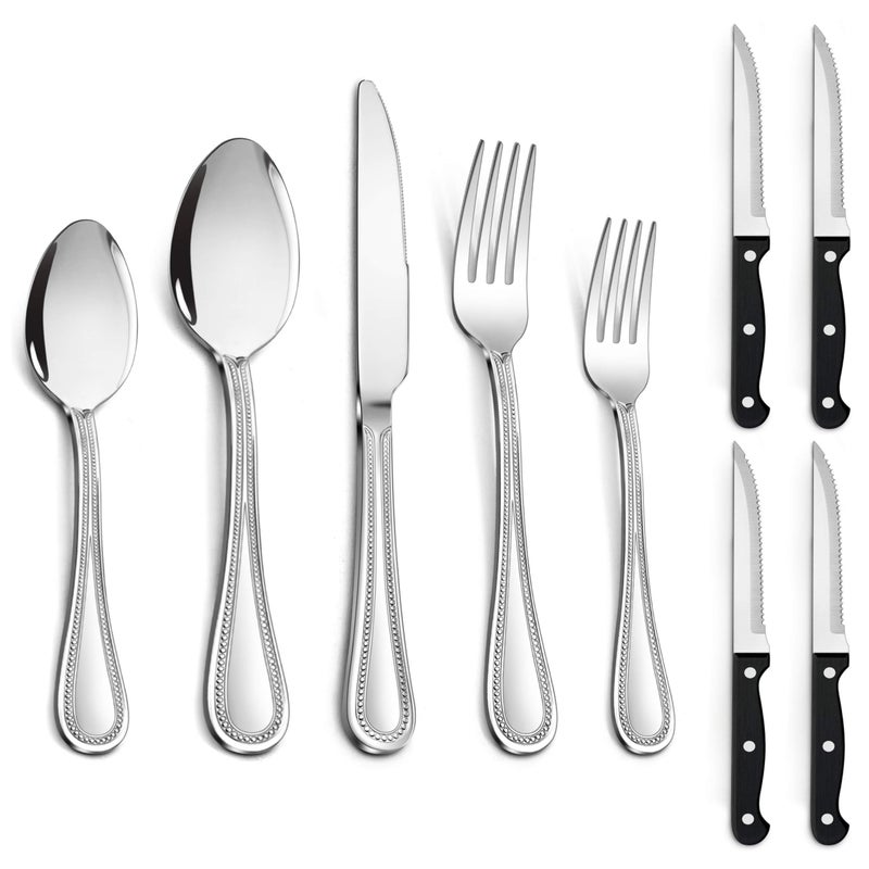 LIANYU Silverware Flatware Set for 8 48Piece Silverware Cutlery Set with Steak Knives Stainless Steel Eating Utensils Tableware Include Forks Spoons Knives Beaded Edge Dishwasher Safe