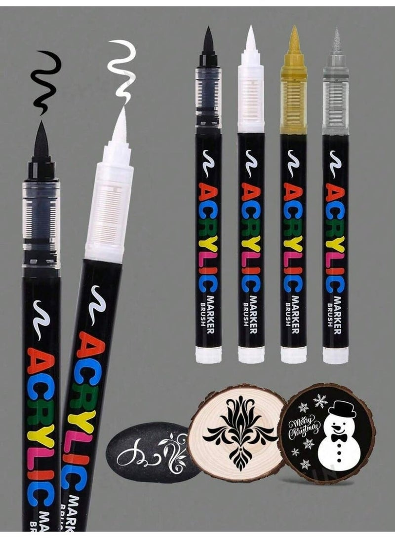 GuangNa 12Pcs / 3 Black + 3 Gold + 3 White + 3 Silver Colors Acrylic Brush Markers - Quick-Drying Waterproof Art Pens for Multi-Surface Painting - Image 3