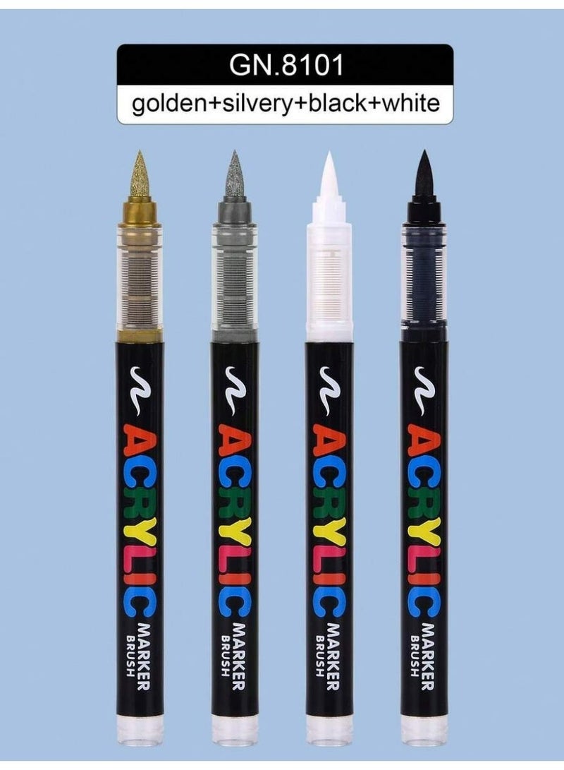 GuangNa 12Pcs / 3 Black + 3 Gold + 3 White + 3 Silver Colors Acrylic Brush Markers - Quick-Drying Waterproof Art Pens for Multi-Surface Painting - Image 2