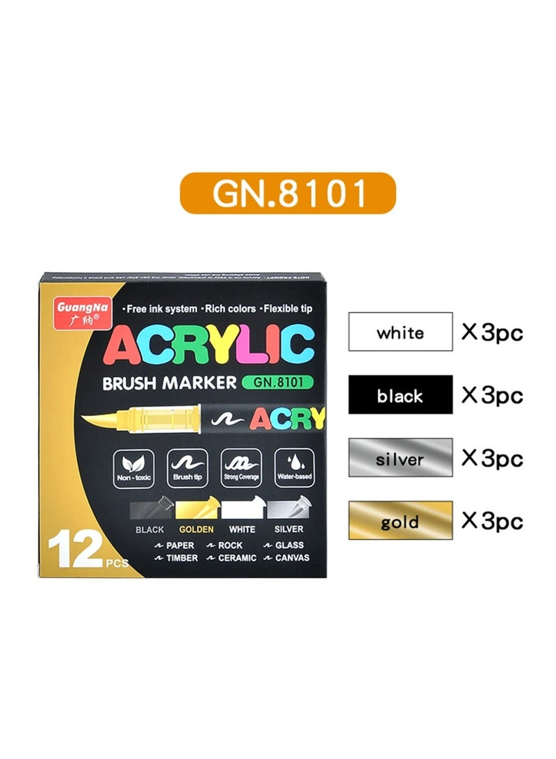 GuangNa 12Pcs / 3 Black + 3 Gold + 3 White + 3 Silver Colors Acrylic Brush Markers - Quick-Drying Waterproof Art Pens for Multi-Surface Painting - Image 1