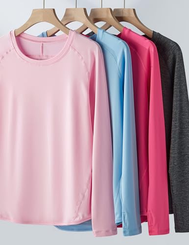 Liberty Pro 4-Pack: Womens Long Sleeve Athletic Tops with Thumb Holes – Dry Fit Active Crewneck Workout Tees (Set 9, X-Small) - Image 4