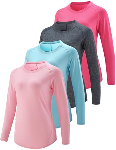 Liberty Pro 4-Pack: Womens Long Sleeve Athletic Tops with Thumb Holes – Dry Fit Active Crewneck Workout Tees (Set 9, X-Small) - Image 1