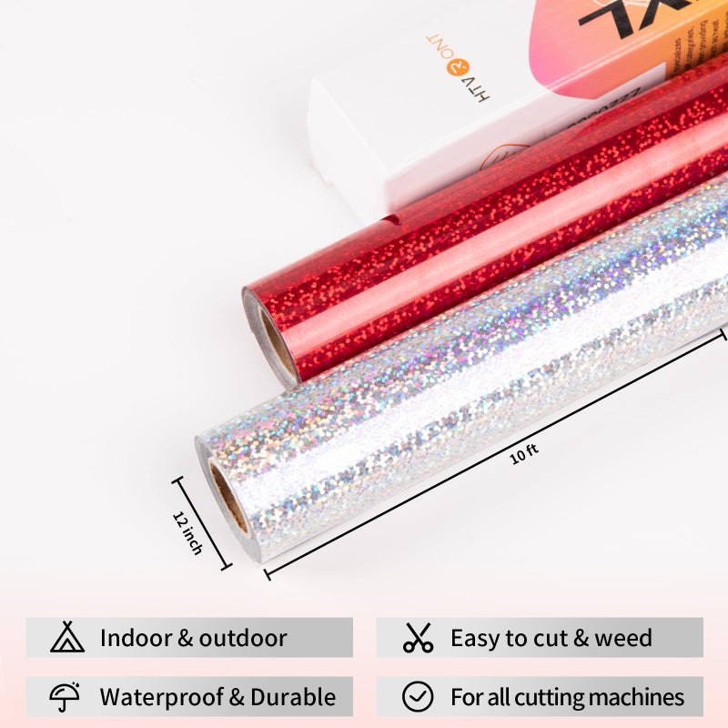 HTVRONT فيلم لامع هولوجرافي دائم من HTVRONT لقاطع Cricut، 12" × 10 قدم، لامع فضي، فيلم لاصق دائم، سهل القطع والنقل، فيلم لامع لعيد الميلاد لقاطع Cricut، الحرف اليدوية، سيلويت، ملصق - Image 4