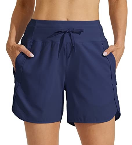 Willit Women's Athletic Running Shorts 5" Quick Dry Workout Hiking High Waisted Active Gym Exercise Zipper Pocket Navy Blue M - Image 3