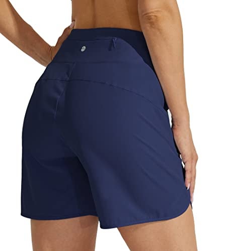 Willit Women's Athletic Running Shorts 5" Quick Dry Workout Hiking High Waisted Active Gym Exercise Zipper Pocket Navy Blue M - Image 2
