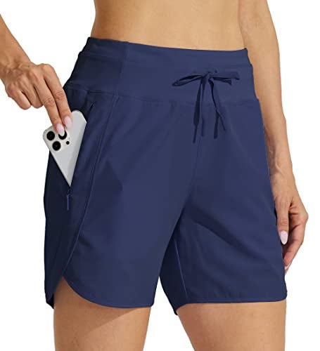 Willit Women's Athletic Running Shorts 5" Quick Dry Workout Hiking High Waisted Active Gym Exercise Zipper Pocket Navy Blue M - Image 1