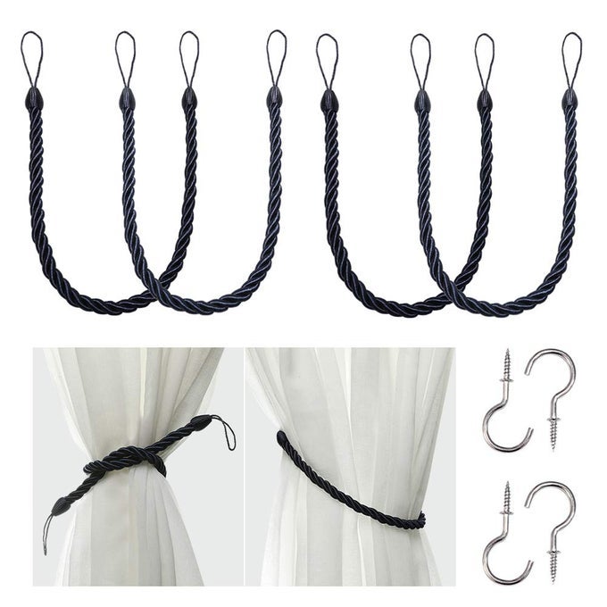 CURTAIN ROPE TIEBACKS DRAPERY ROPE HOLDBACKS WITH 4 METAL SCREW HOOKS NAVY 4PACK