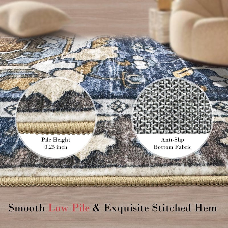 RUGSURE Washable Area Rugs - Perfect for Living Room, Bedroom, Kids Room, Nursery - Stain & Water Resistant Non-Slip, Pet & Child Friendly, Vintage Tribal Area Rugs (Navy, 2'6'' x 8') - Image 5