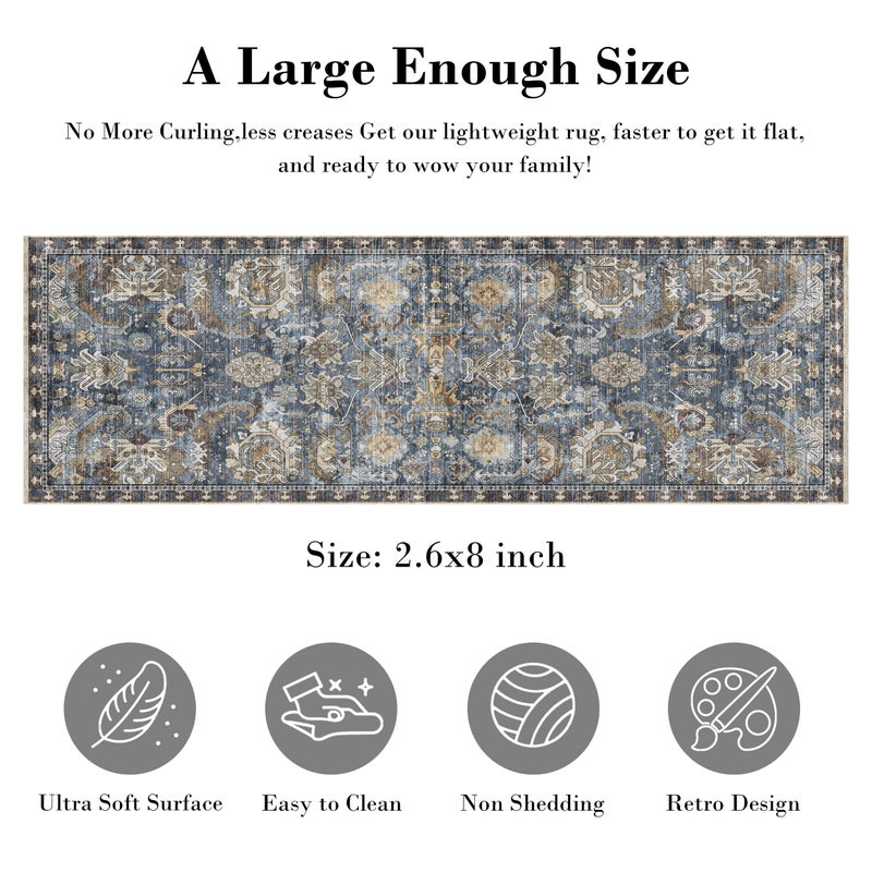 RUGSURE Washable Area Rugs - Perfect for Living Room, Bedroom, Kids Room, Nursery - Stain & Water Resistant Non-Slip, Pet & Child Friendly, Vintage Tribal Area Rugs (Navy, 2'6'' x 8') - Image 2