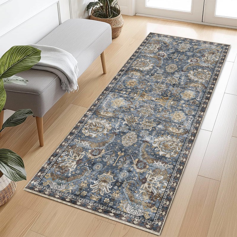 RUGSURE Washable Area Rugs - Perfect for Living Room, Bedroom, Kids Room, Nursery - Stain & Water Resistant Non-Slip, Pet & Child Friendly, Vintage Tribal Area Rugs (Navy, 2'6'' x 8') - Image 1