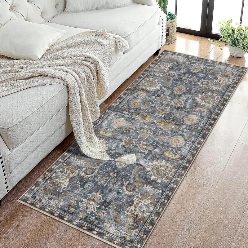 RUGSURE Washable Area Rugs - Perfect for Living Room, Bedroom, Kids Room, Nursery - Stain & Water Resistant Non-Slip, Pet & Child Friendly, Vintage Tribal Area Rugs (Navy, 2'6'' x 8') - Image 4