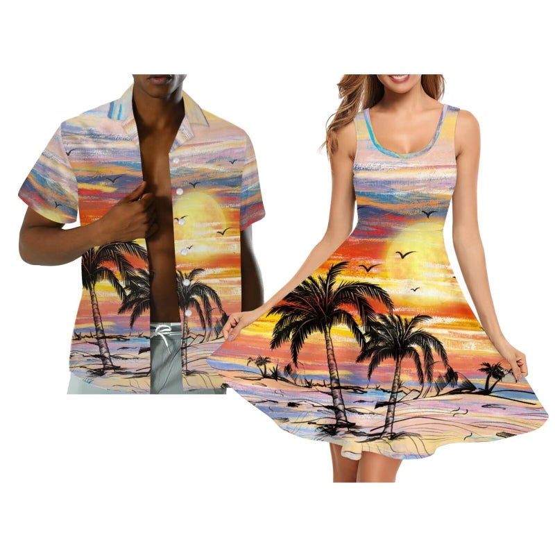 Dreaweet Sunset Palm Tree Print Matching Hawaiian Outfits for Couples,Womens Casual Summer Sleeveless A Line Crewneck Dress with Pockets XL,Mens Hawaiian Shirts Button Up Shirt - Image 2