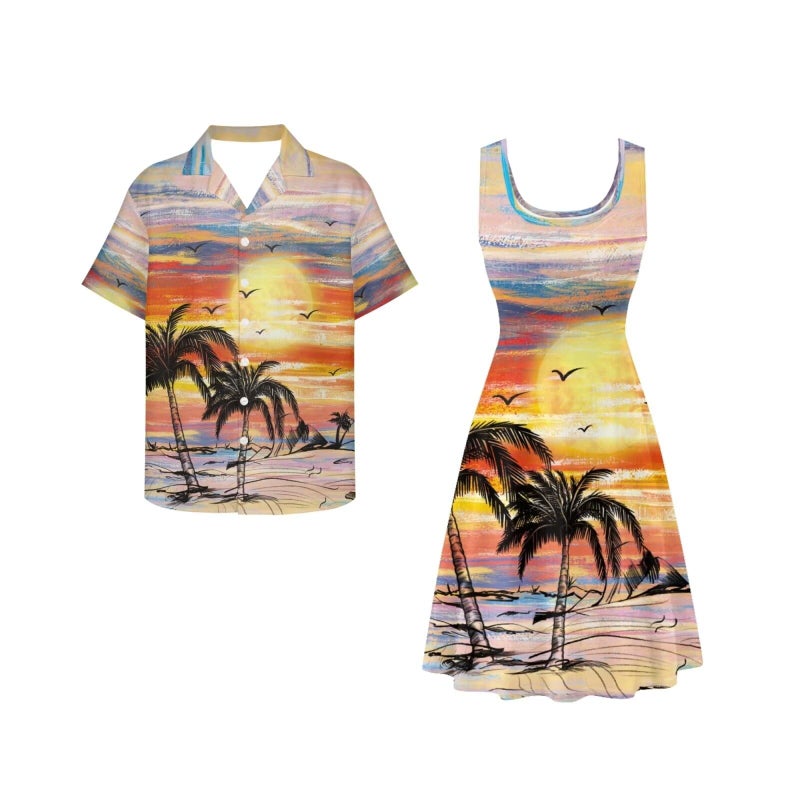 Dreaweet Sunset Palm Tree Print Matching Hawaiian Outfits for Couples,Womens Casual Summer Sleeveless A Line Crewneck Dress with Pockets XL,Mens Hawaiian Shirts Button Up Shirt - Image 1