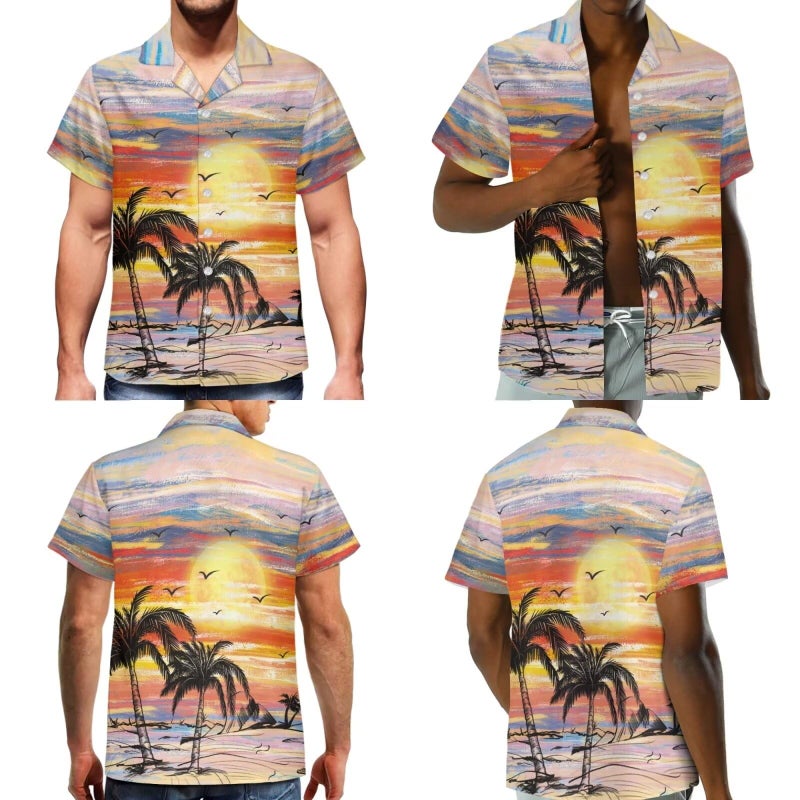 Dreaweet Sunset Palm Tree Print Matching Hawaiian Outfits for Couples,Womens Casual Summer Sleeveless A Line Crewneck Dress with Pockets XL,Mens Hawaiian Shirts Button Up Shirt - Image 3