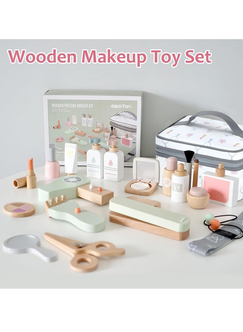 Excefore 22PCS Pretend Role Play Toy Wood Beauty Salon Toys Set for Girl with Realistic Accessories Princess Lipstick Set with Haircut Manicure Makeup Box Accessories Bag Gift for Girls 3-12 - Image 2