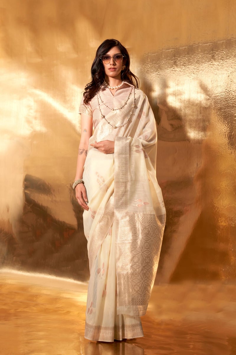 SGF11 Women's Kanjivaram Soft Cotton Linen Silk Saree With Unstitched Blouse Piece (Cold Cream) - Image 2