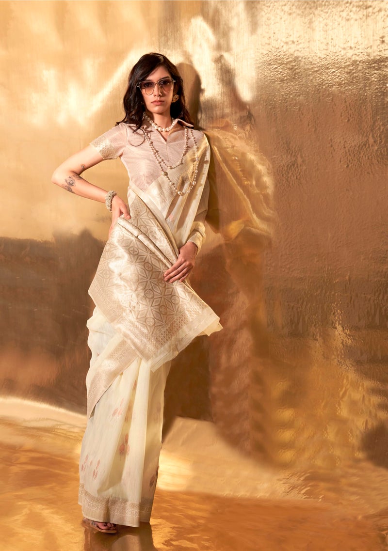 SGF11 Women's Kanjivaram Soft Cotton Linen Silk Saree With Unstitched Blouse Piece (Cold Cream) - Image 3