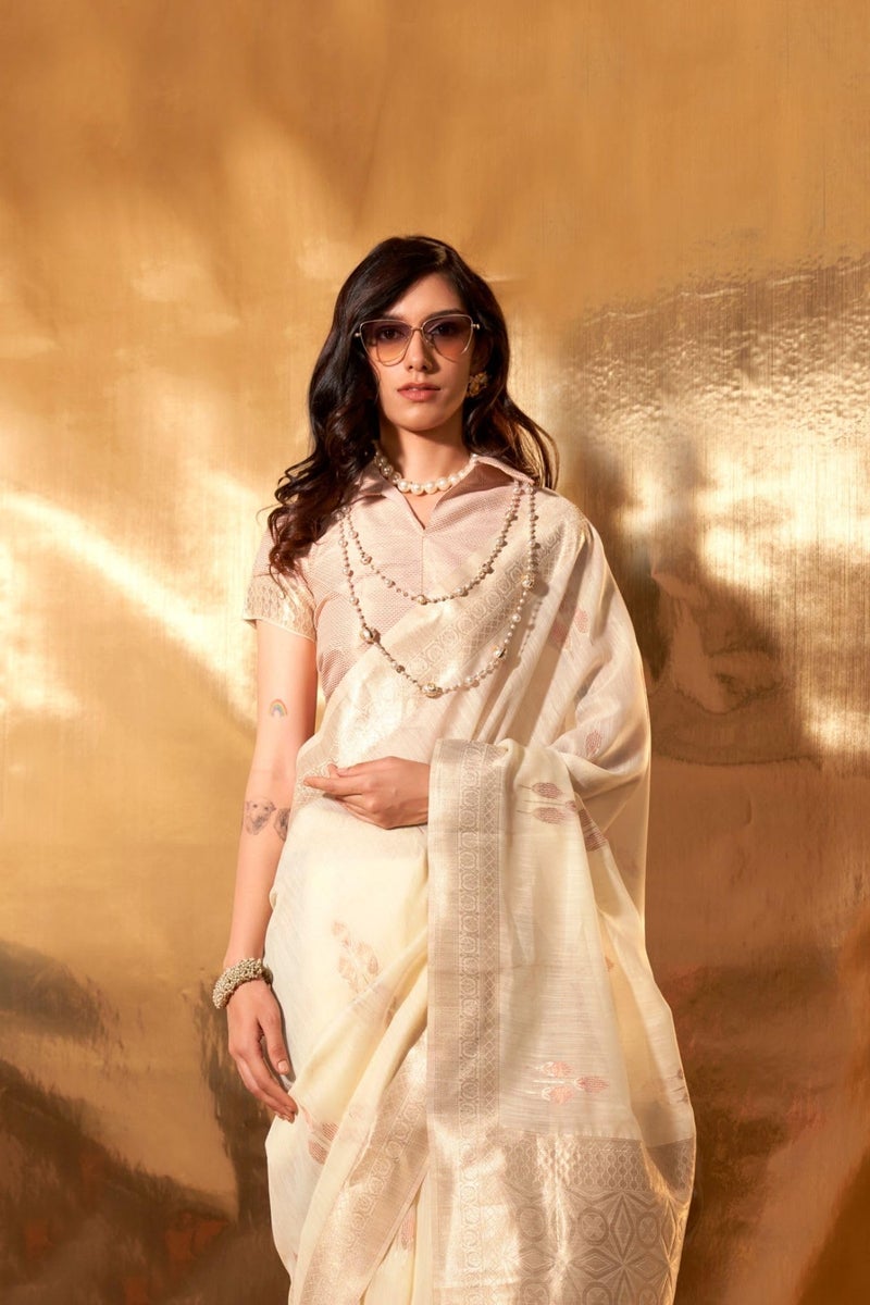 SGF11 Women's Kanjivaram Soft Cotton Linen Silk Saree With Unstitched Blouse Piece (Cold Cream) - Image 4