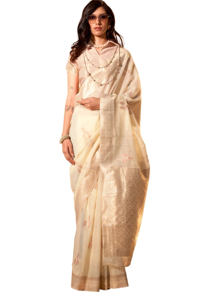 SGF11 Women's Kanjivaram Soft Cotton Linen Silk Saree With Unstitched Blouse Piece (Cold Cream) - Image 5