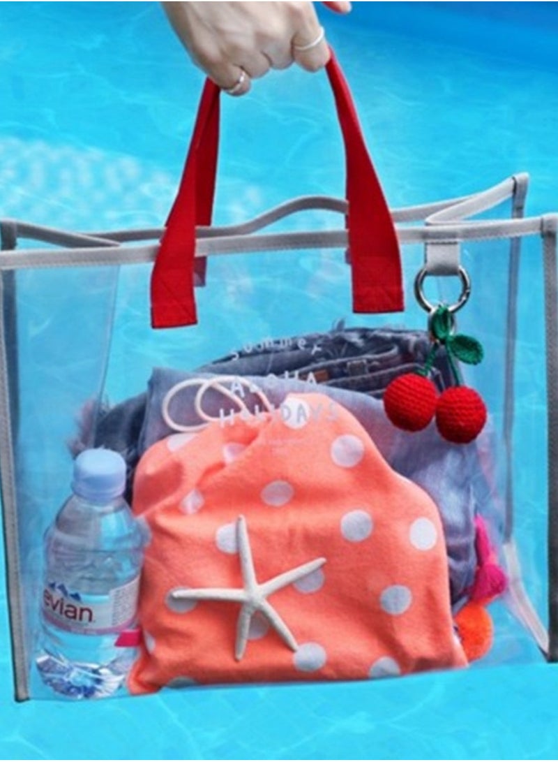Fashionable transparent PVC beach bag - PVC hand-held swimming bag - portable clothing storage bag - travel handbag, Red+gray  - Image 1
