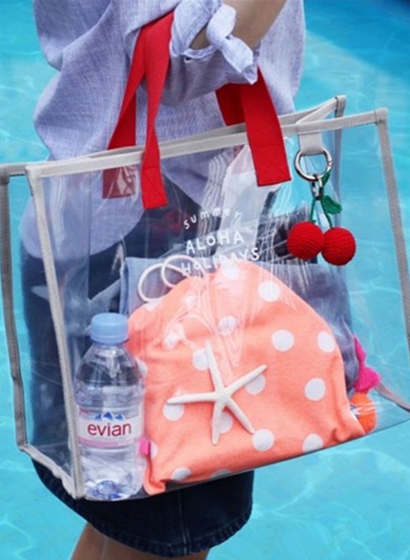 Fashionable transparent PVC beach bag - PVC hand-held swimming bag - portable clothing storage bag - travel handbag, Red+gray  - Image 3