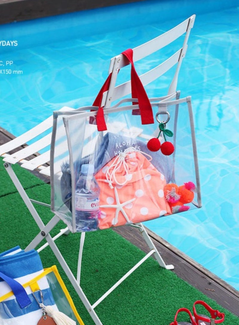 Fashionable transparent PVC beach bag - PVC hand-held swimming bag - portable clothing storage bag - travel handbag, Red+gray  - Image 4