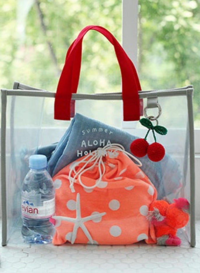 Fashionable transparent PVC beach bag - PVC hand-held swimming bag - portable clothing storage bag - travel handbag, Red+gray  - Image 2