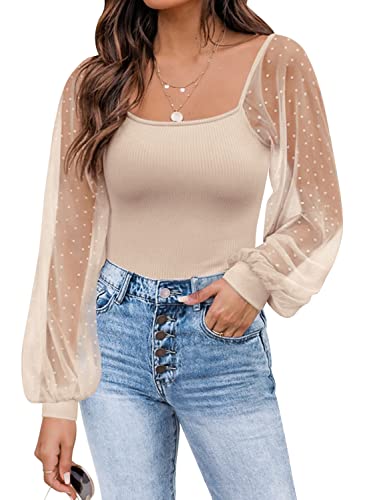 DOROSE Womens Mesh Long Sleeve Shirts Casual Blouses Tops Beige S - Image 1
