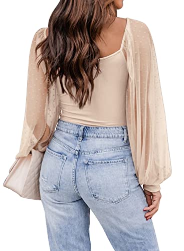 DOROSE Womens Mesh Long Sleeve Shirts Casual Blouses Tops Beige S - Image 3