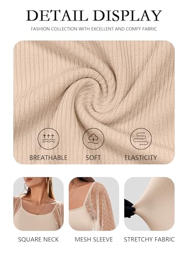 DOROSE Womens Mesh Long Sleeve Shirts Casual Blouses Tops Beige S - Image 4