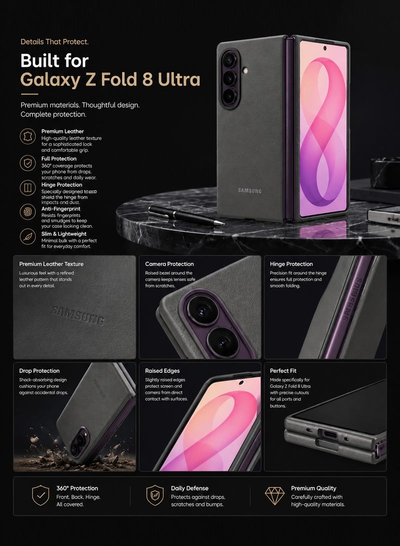 مارجون Premium Eco-Leather Case for Samsung Galaxy Z Fold 8 ultra, Slim Full Coverage Protective Cover with Hinge Guard grey - Image 5