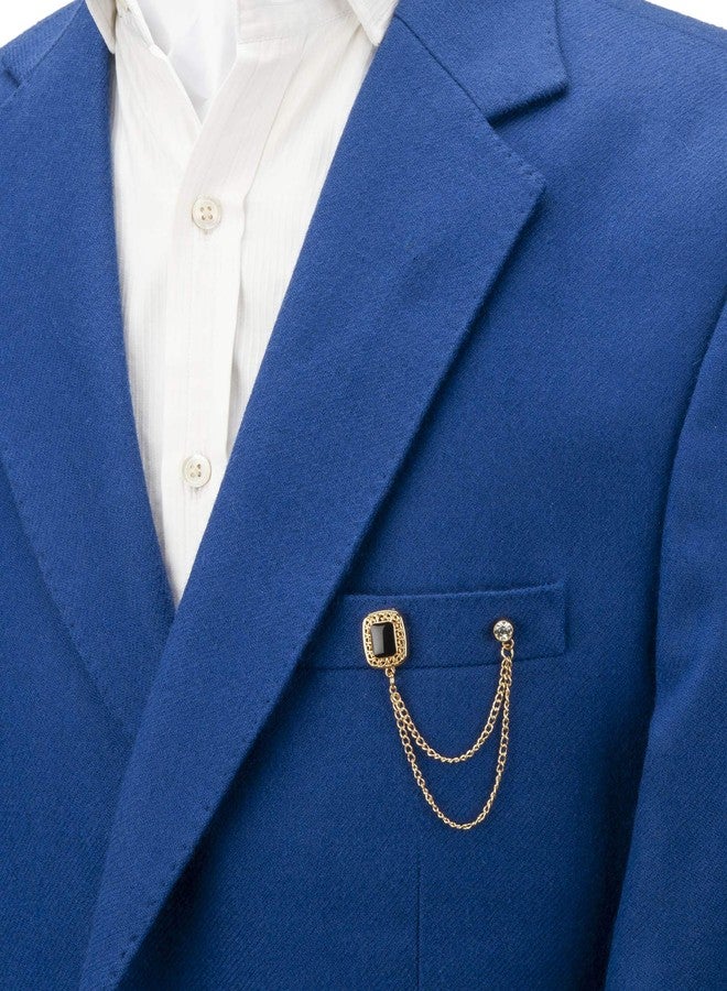 Knighthood Square Black Stone with Gold Engraving Hanging Chain Stone Detaling Brooch Lapel Pin - Image 3