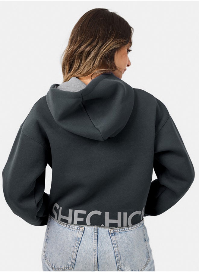 SHECHICK Shechick Unfinished Dark Grey Cropped Hoodie  - Image 2