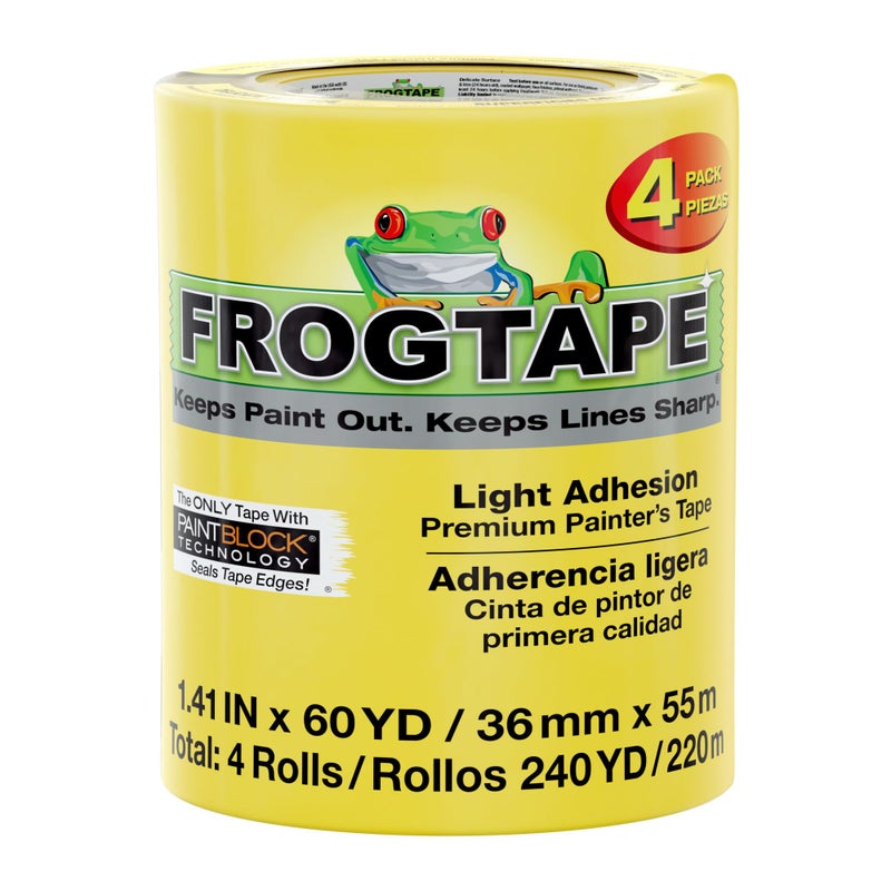 FrogTape Delicate Surface Painters Tape with PAINTBLOCK, 1.5 Inch Wide (1.41 In. x 60 Yds), Low Adhesion, Ideal for Freshly Painted Walls, Trim & Surfaces, Yellow, 4 Rolls (240662) - Image 1