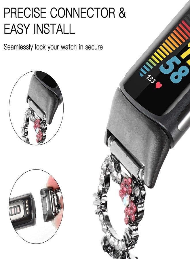 TERKOWQI Metal Band Compatible with Fitbit Charge 6/ Fitbit Charge 5 Bands for Women, Bling Cute Cartoon Charms Bracelet Chain Strap Jewelry Replacement Watchband for Fitbit Charge 5 6 Fitness Tracker (Cute Cat Black) - Image 4