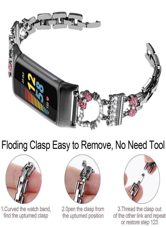 TERKOWQI Metal Band Compatible with Fitbit Charge 6/ Fitbit Charge 5 Bands for Women, Bling Cute Cartoon Charms Bracelet Chain Strap Jewelry Replacement Watchband for Fitbit Charge 5 6 Fitness Tracker (Cute Cat Black) - Image 3