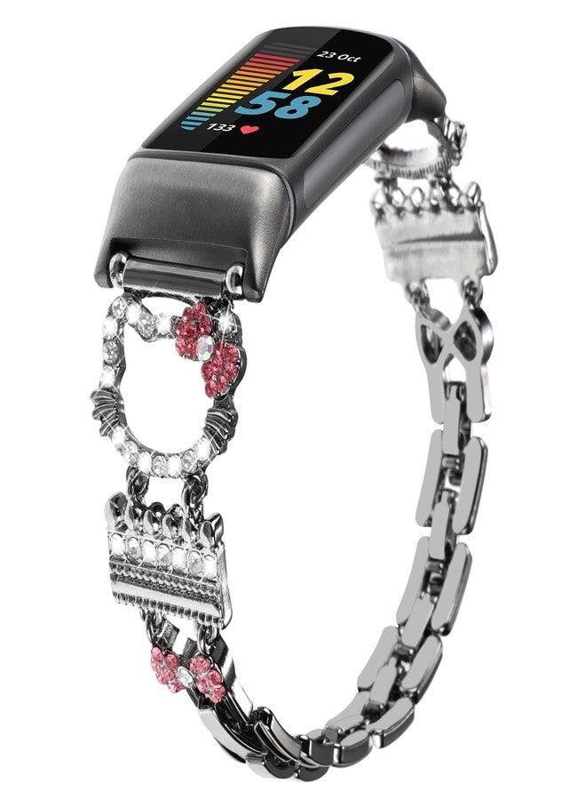 TERKOWQI Metal Band Compatible with Fitbit Charge 6/ Fitbit Charge 5 Bands for Women, Bling Cute Cartoon Charms Bracelet Chain Strap Jewelry Replacement Watchband for Fitbit Charge 5 6 Fitness Tracker (Cute Cat Black) - Image 1