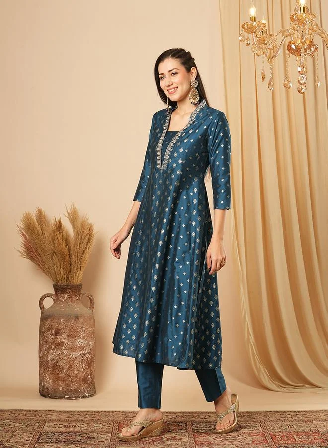 globus Gold Foil Print Paneled Anarkali Kurta and Pants Festive Set