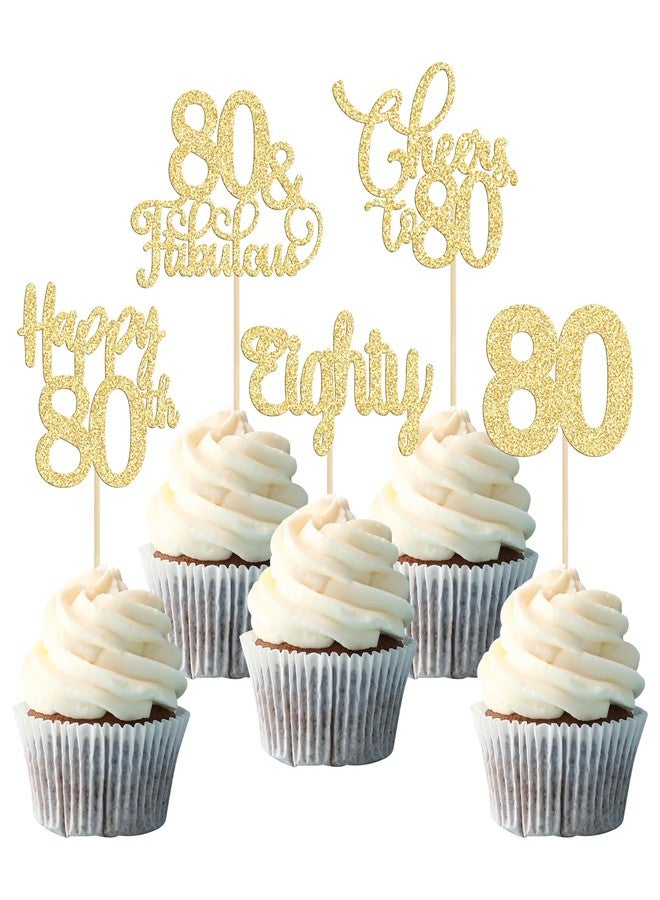 Ephlyn 30 Pack Happy 80th Birthday Cupcake Toppers Gold Glitter Eighty Cheers to 80 Years Old Birthday Cupcake Picks for Happy 80th Anniversary Party Cake Decorations - Image 1