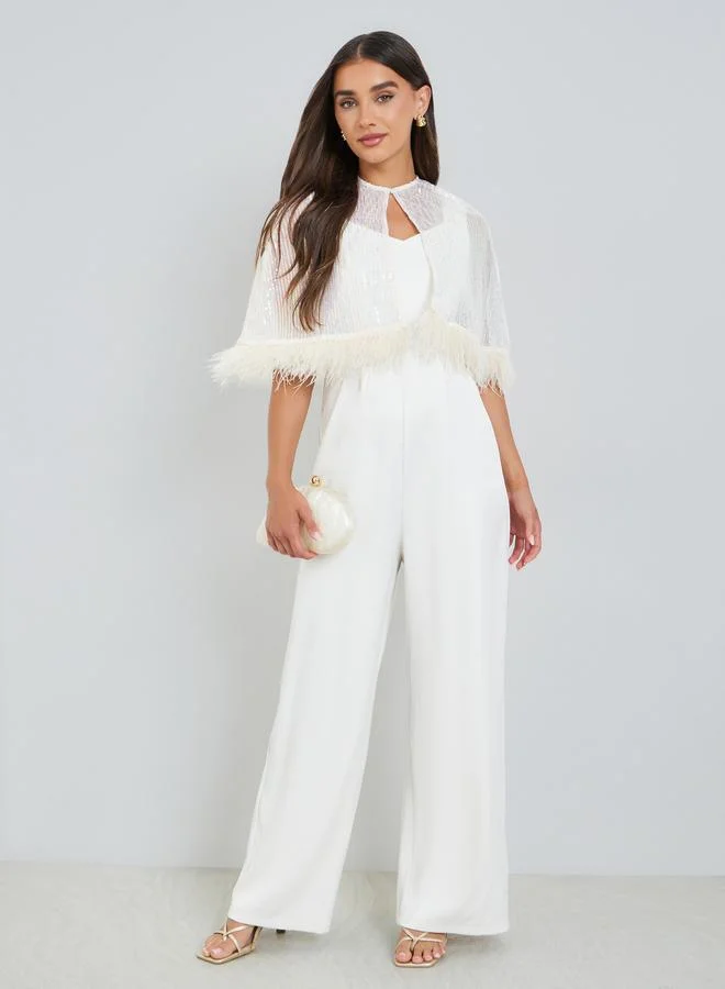 Off-White Wide Leg Jumpsuit with Sequined Cape