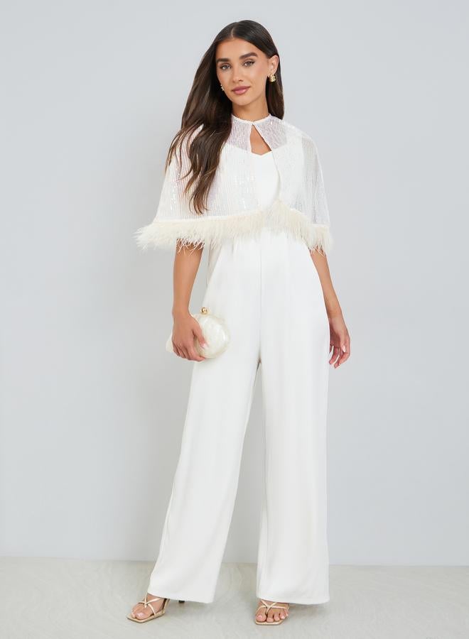 Styli Off-White Wide Leg Jumpsuit with Sequined Cape - Image 1
