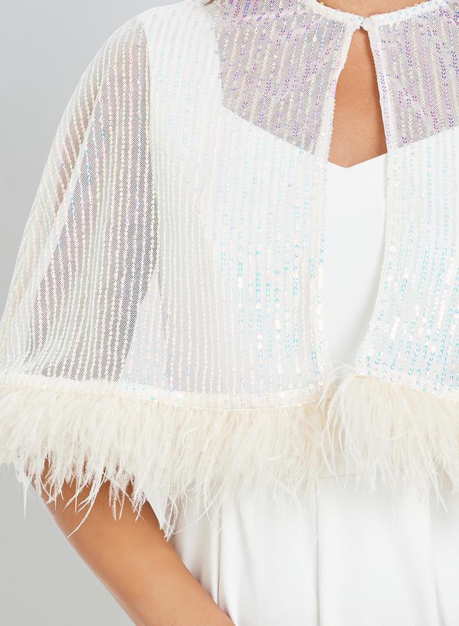 Styli Off-White Wide Leg Jumpsuit with Sequined Cape - Image 4