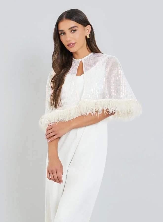 Styli Off-White Wide Leg Jumpsuit with Sequined Cape