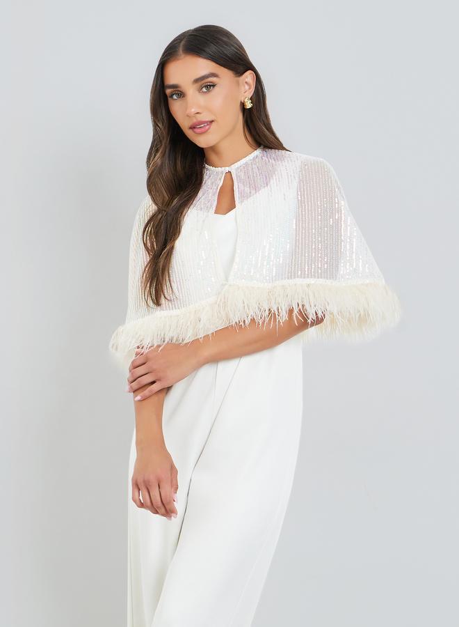 Styli Off-White Wide Leg Jumpsuit with Sequined Cape - Image 2