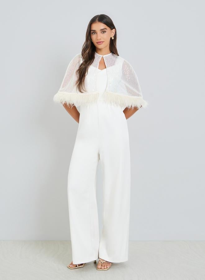 Styli Off-White Wide Leg Jumpsuit with Sequined Cape - Image 3