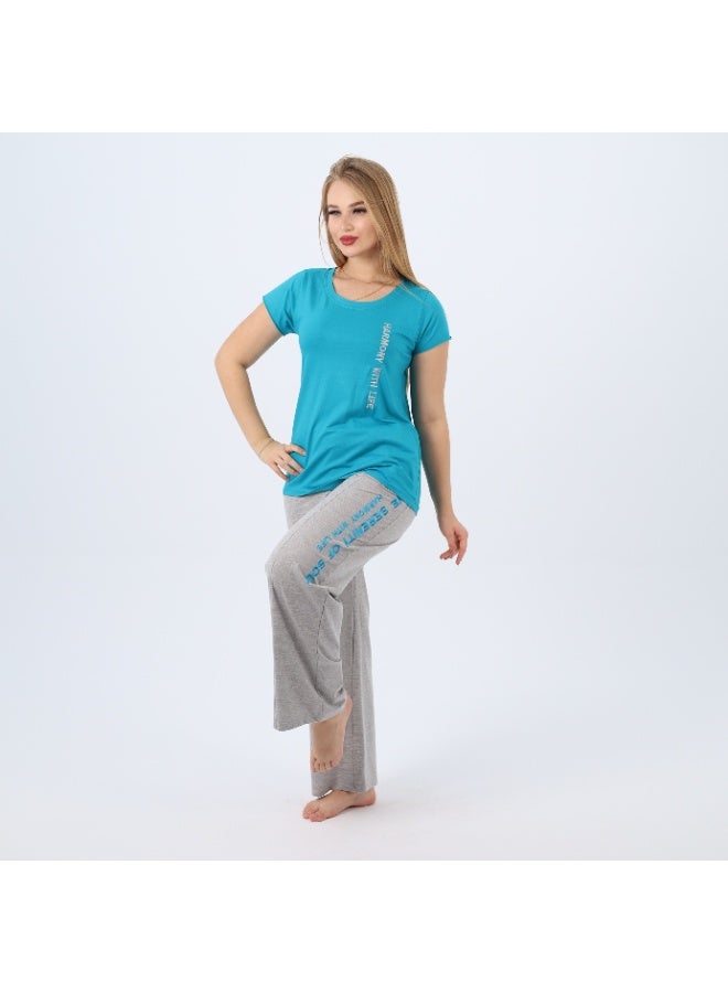 zecotex  Embroidered Women's Cotton Pajama Set – Short Sleeve Top & Wide-Leg Pants – Summer Loungewear (Sizes S to 3XL)  - Image 3