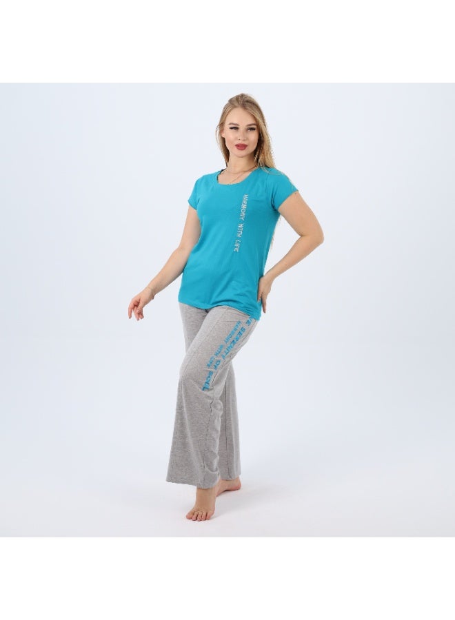 zecotex  Embroidered Women's Cotton Pajama Set – Short Sleeve Top & Wide-Leg Pants – Summer Loungewear (Sizes S to 3XL)  - Image 2