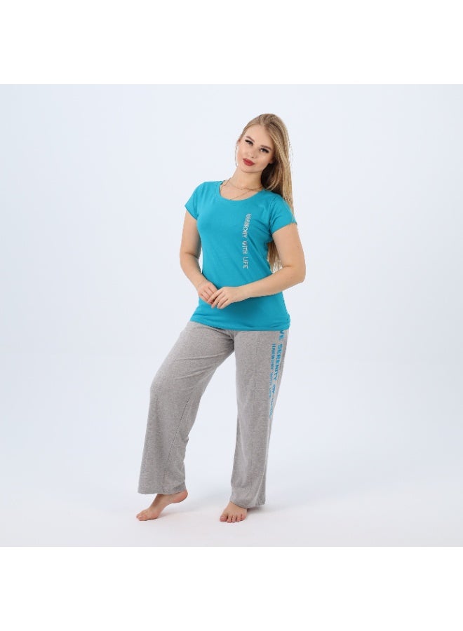 zecotex  Embroidered Women's Cotton Pajama Set – Short Sleeve Top & Wide-Leg Pants – Summer Loungewear (Sizes S to 3XL)  - Image 1