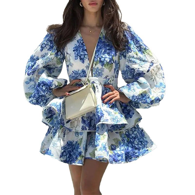 2025 Autumn Elegant V-Neck Puff Sleeve Floral Print Short Dress for Women - Image 4